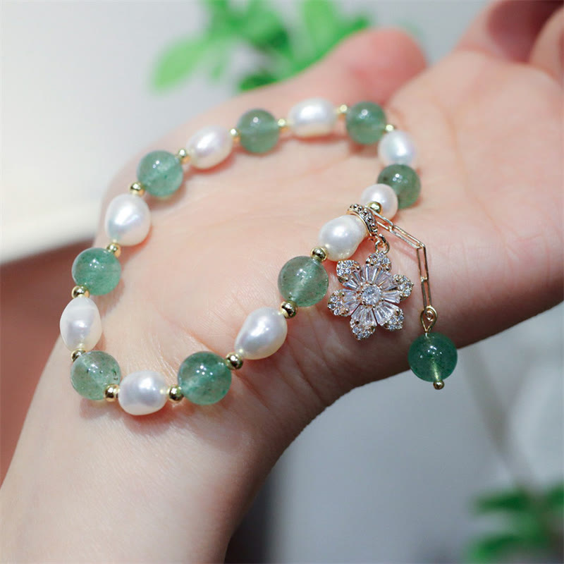 Handcrafted Green Strawberry Quartz and Pearl Flower Charm Gold Accent Bracelet