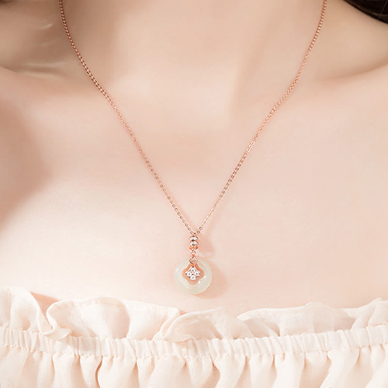 925 Sterling Silver Natural Hetian Jade Lucky Four Leaf Clover Zircon Necklace Pendant With Gift Box