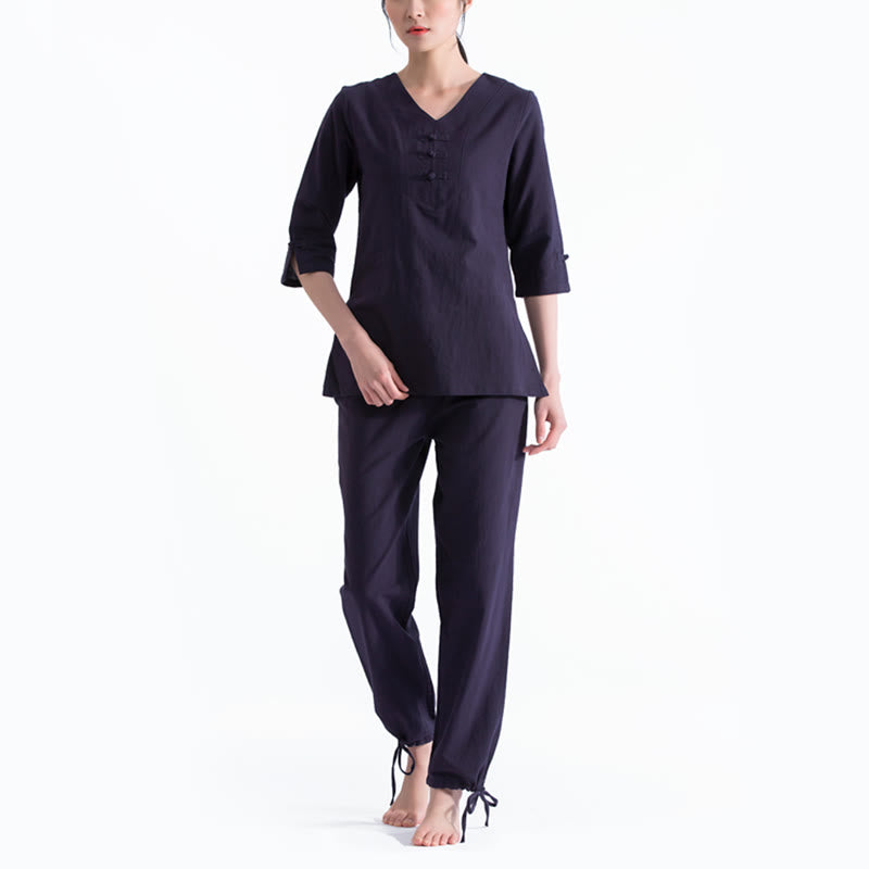 Yoga Meditation Prayer V-neck Design Cotton Linen Clothing Uniform Zen Practice Women's Set