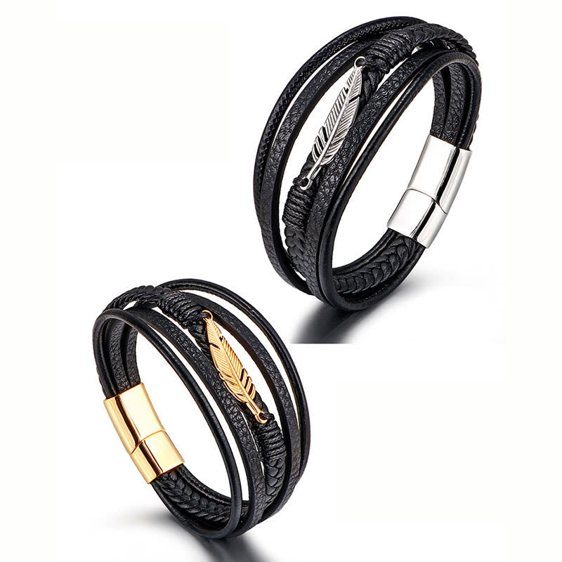 Feather Pattern Multilayer Leather Titanium Steel Calm Braided Magnetic Buckle Bracelet