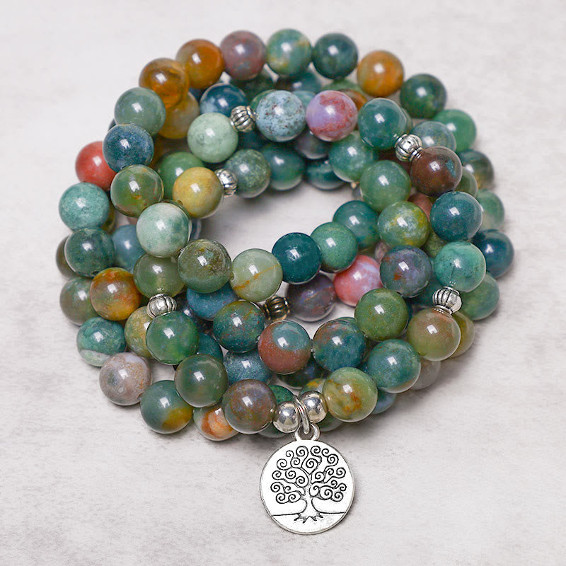 108 Mala Beads Indian Agate Lotus OM Buddha Tree of life Positive Calm Bracelet