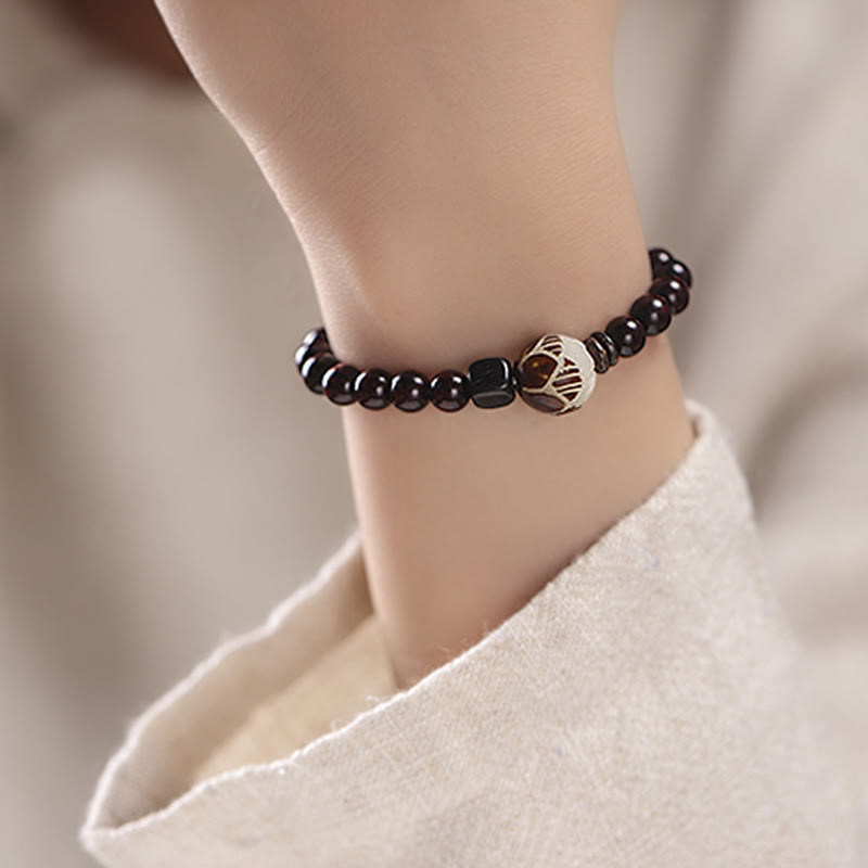 Carved Red Sandalwood and Lotus Bodhi Seed Double Wrap Bracelet