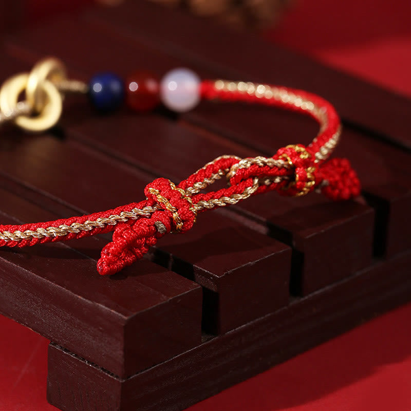 925 Sterling Silver Double Ping An Kou Lotus Jade Red String Bracelet