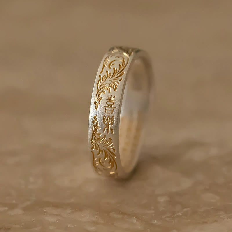 999 Sterling Silver Gold-Painted Joyful Flower Pattern Peaceful Heart Sutra Ring