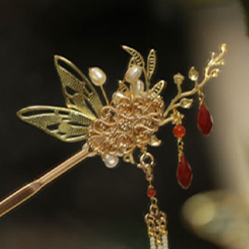 Classical Chinese Style Flower Branche Butterfly Pearl Tassel Hair Clip Hair Comb Hair Crown