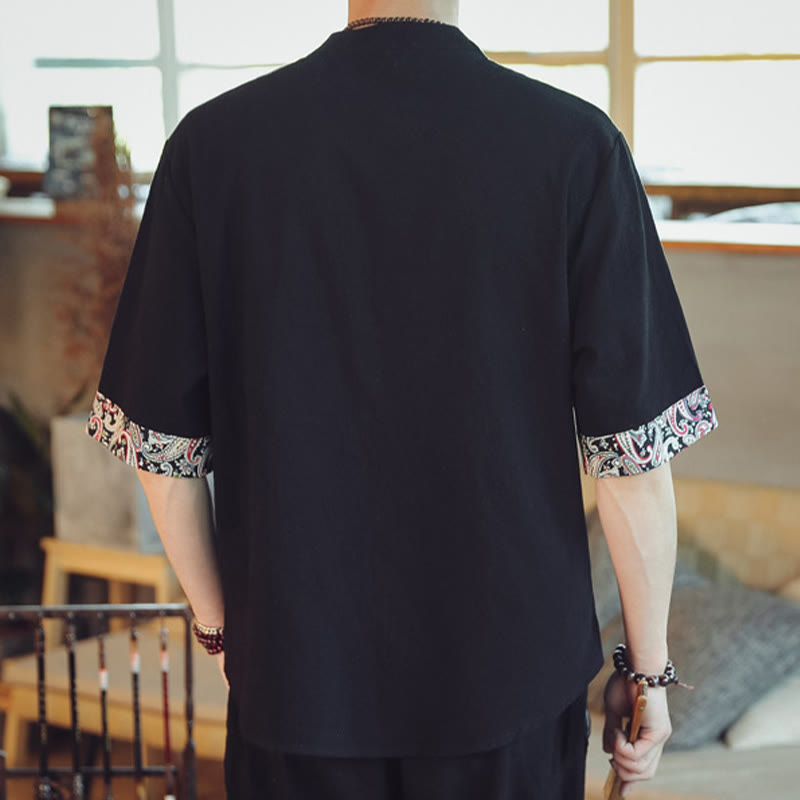 Frog-Button Dragon Embroidery Chinese Tang Suit Short Sleeve Shirt Linen Men Clothing