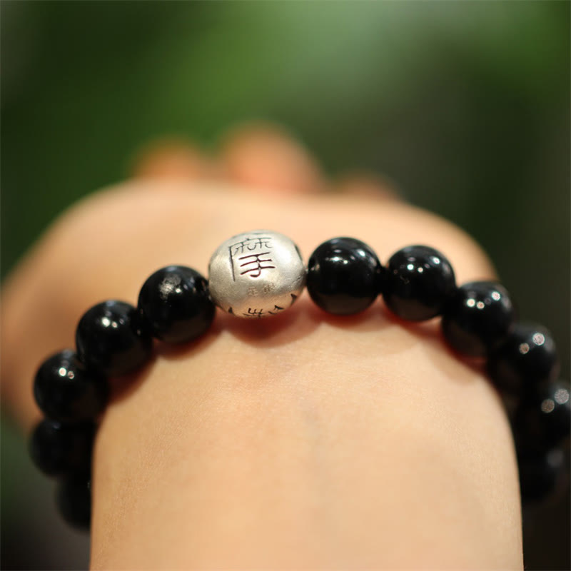 Engraved 925 Sterling Silver and Black Onyx Beaded Bracelet