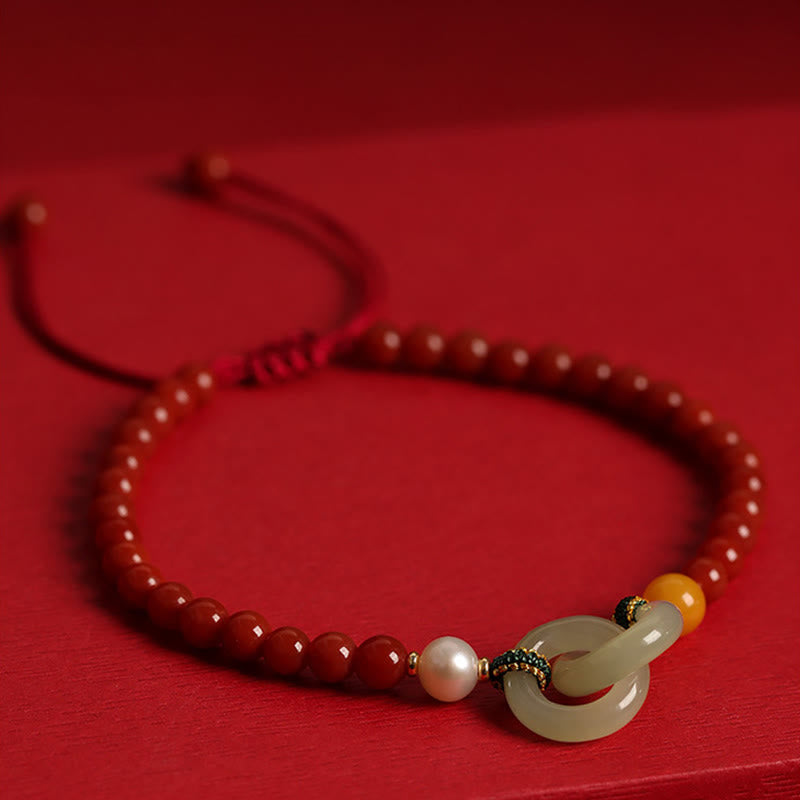Natural Red Agate Hetian Jade Double Peace Buckle Confidence Bracelet