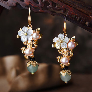 14K Gold Plated Tridacna Flower Pearl and Gemstone Drop Earrings