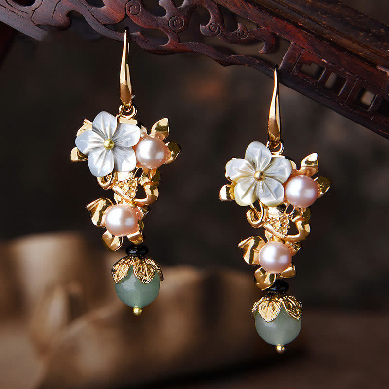 14K Gold Plated Tridacna Flower Pearl and Gemstone Drop Earrings
