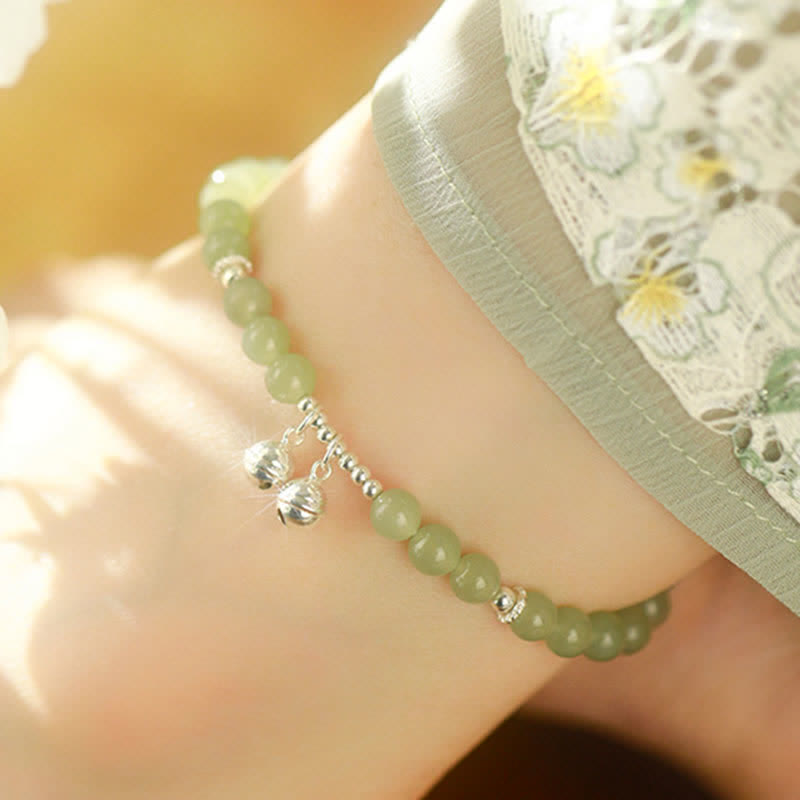 925 Sterling Silver Natural Hetian Jade Bell Charm Anklet