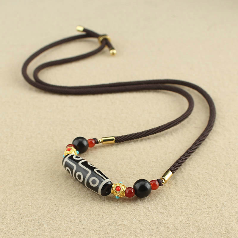 Tibetan Nine-Eye Dzi Bead Protection Blessings String Necklace Pendant