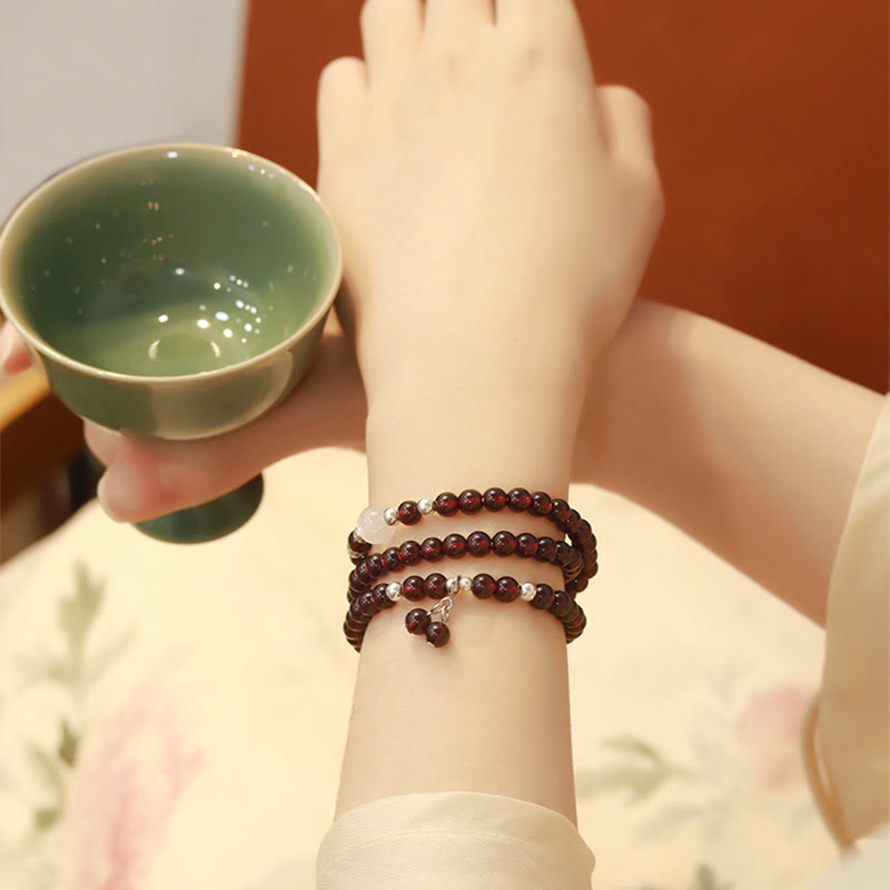 925 Sterling Silver Natural Garnet Cat Eye Protection Triple Wrap Bracelet