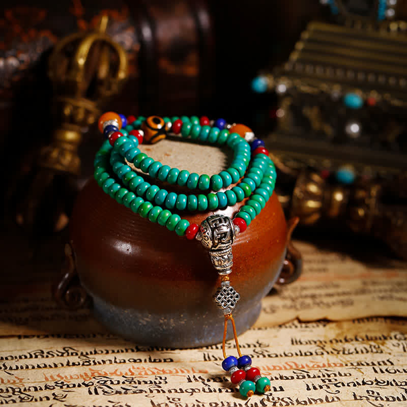 108 Tibetan Turquoise Amber and Dzi Bead Meditation Mala Bracelet