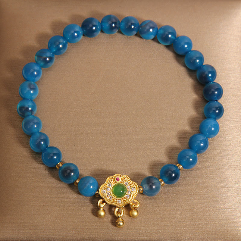 Vibrant Blue Candy Agate and Green Quartz Longevity Lock Charm Bracelet