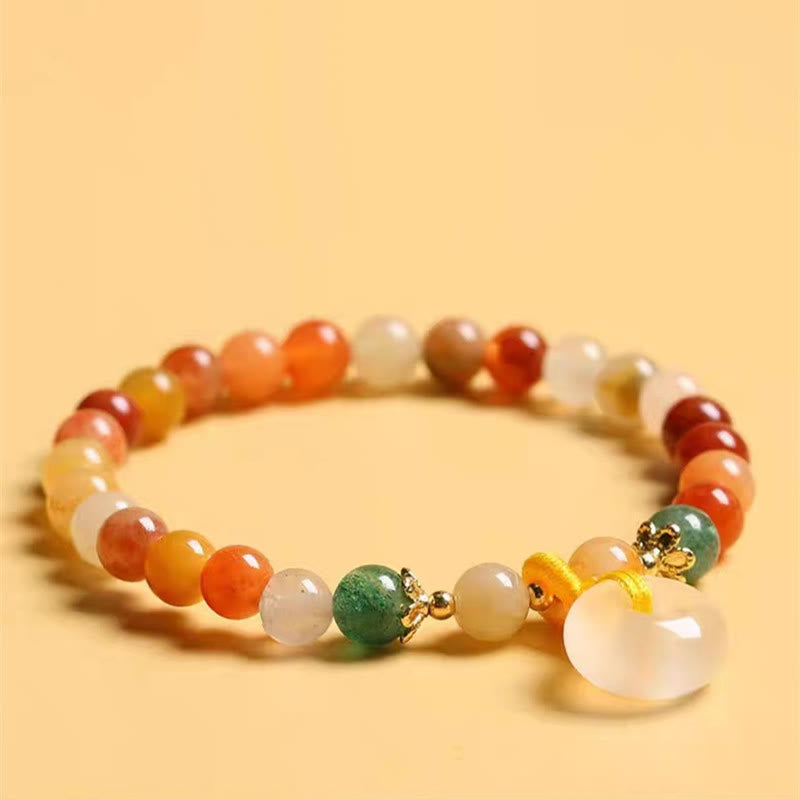 14K Gold Plated Golden Silk Jade and Green Strawberry Quartz Ping An Kou Bracelet