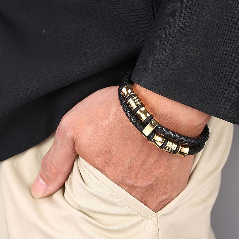 Minimalist Layered Braided Leather & Titanium Steel Bracelet