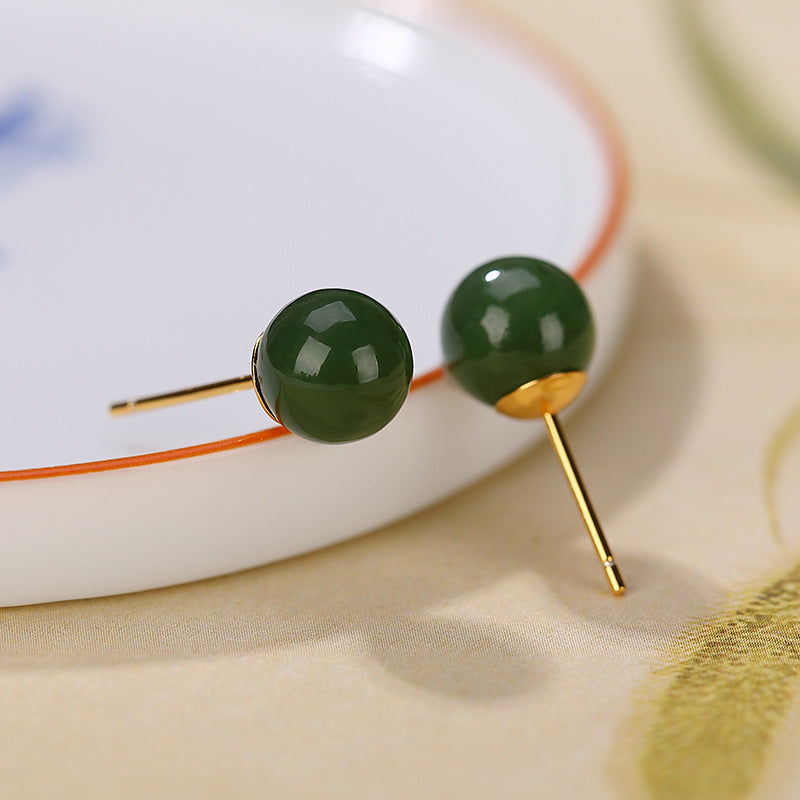 925 Sterling Silver Round Cyan Jade Healing Calm Stud Earrings