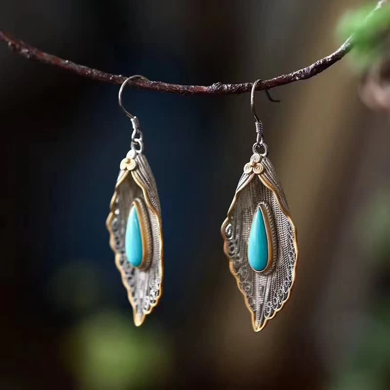 Bodhi Leaf Pattern 925 Sterling Silver Turquoise Dangle Drop Earrings