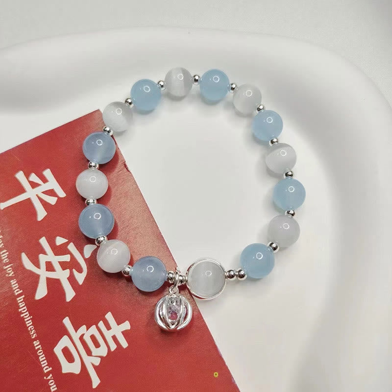 Handcrafted Cat's Eye & Aquamarine 925 Sterling Silver Support Charm Bracelet
