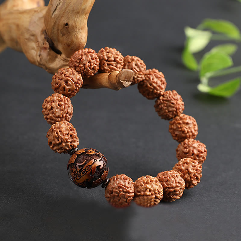 Energetic Rudraksha Bodhi Seed Pixiu Copper Chinese Coin Bracelet