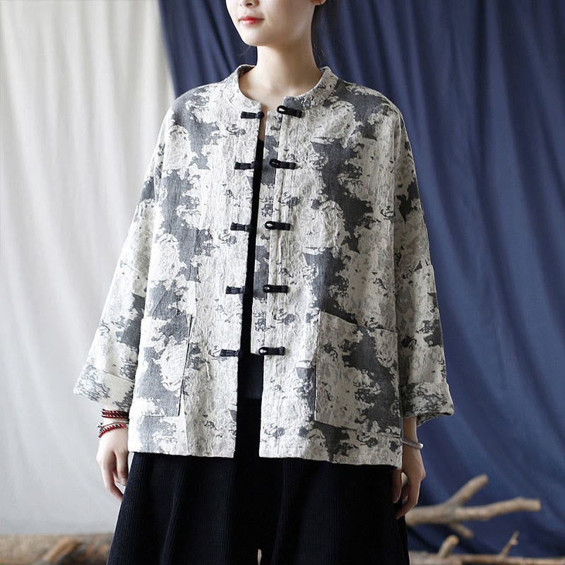 Black Gray Print Frog-button Design Long Sleeve Cotton Linen Jacket Shirt With Pockets