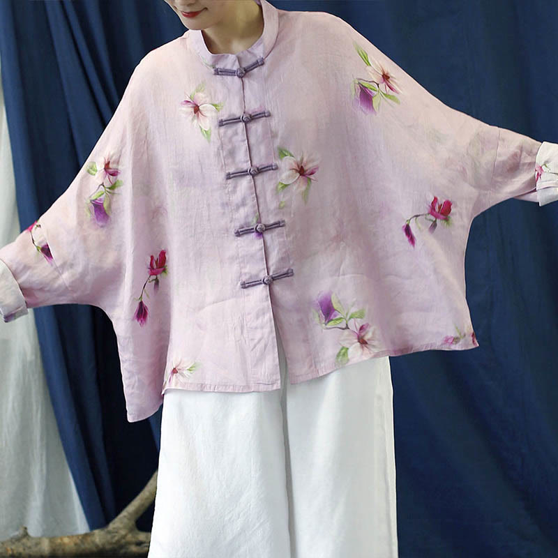 Pink Flower Print Frog-button Design Batwing Long Sleeve Ramie Linen Jacket Shirt