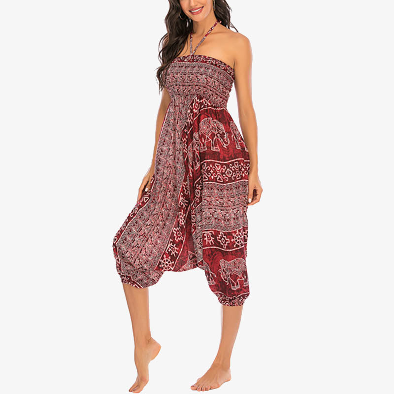 Two Style Wear Elephant Pattern Loose Smocked Harem Trousers Jumpsuit Women's Yoga Pants