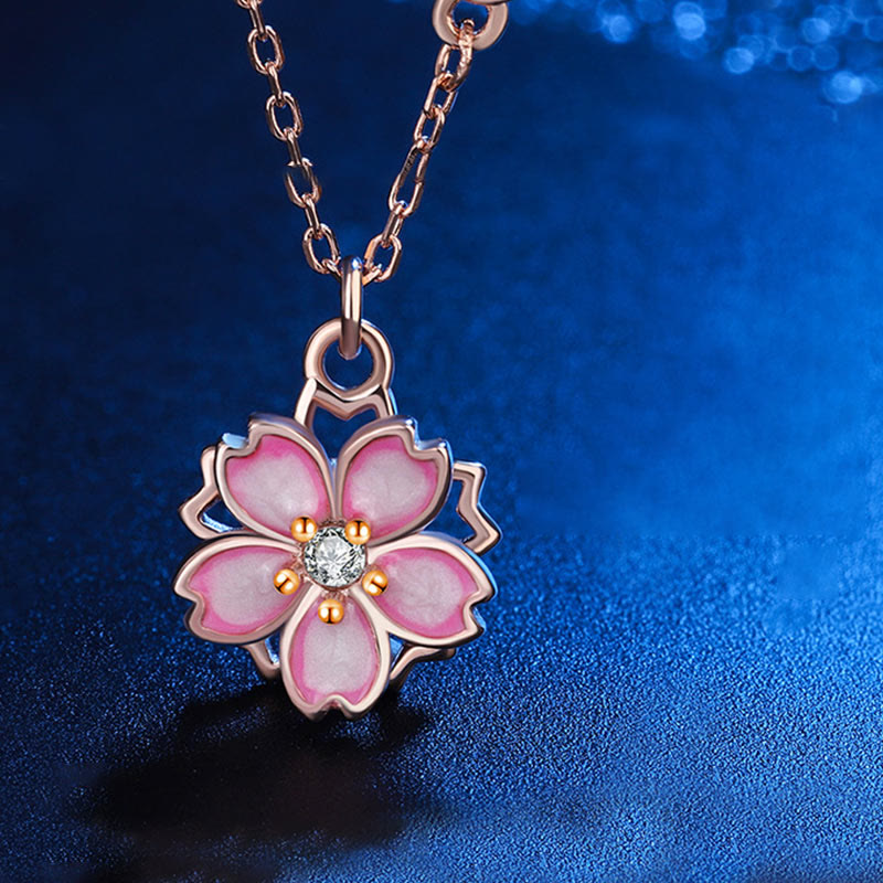 925 Sterling Silver Cherry Blossom Flower Rotatable Protection Necklace Pendant