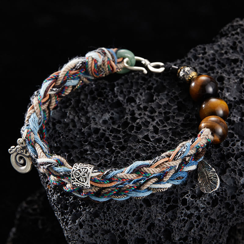 Handmade 925 Sterling Silver Tiger Eye & Jade Om Mani Padme Hum Colorful Rope Bracelet