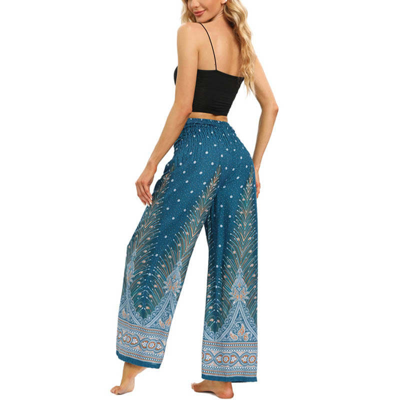Boho Peacock Feathers Lace-up Wide Leg Pants Women's Yoga Pants