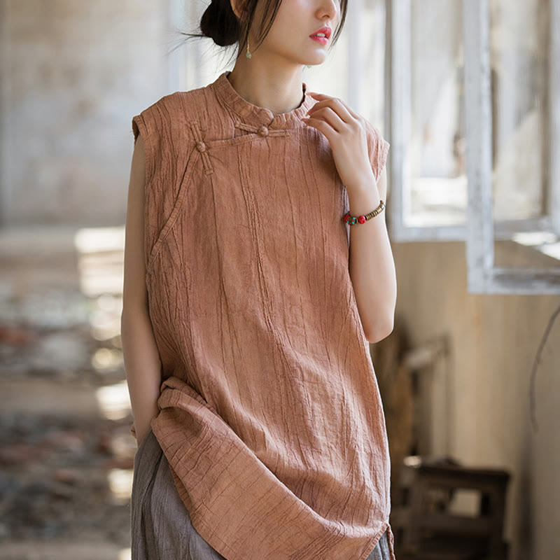 Handmade Tie Dye Ramie Linen Frog-Button Sleeveless Vest
