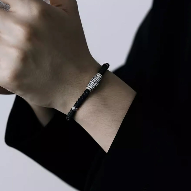 999 Sterling Silver Nine-Eye Dzi Bead Pattern Blessing Rope Bracelet