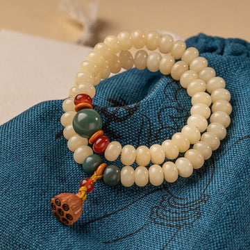 Natural Bodhi Seed and Lotus Pod Charm Double Wrap Mindfulness Bracelet