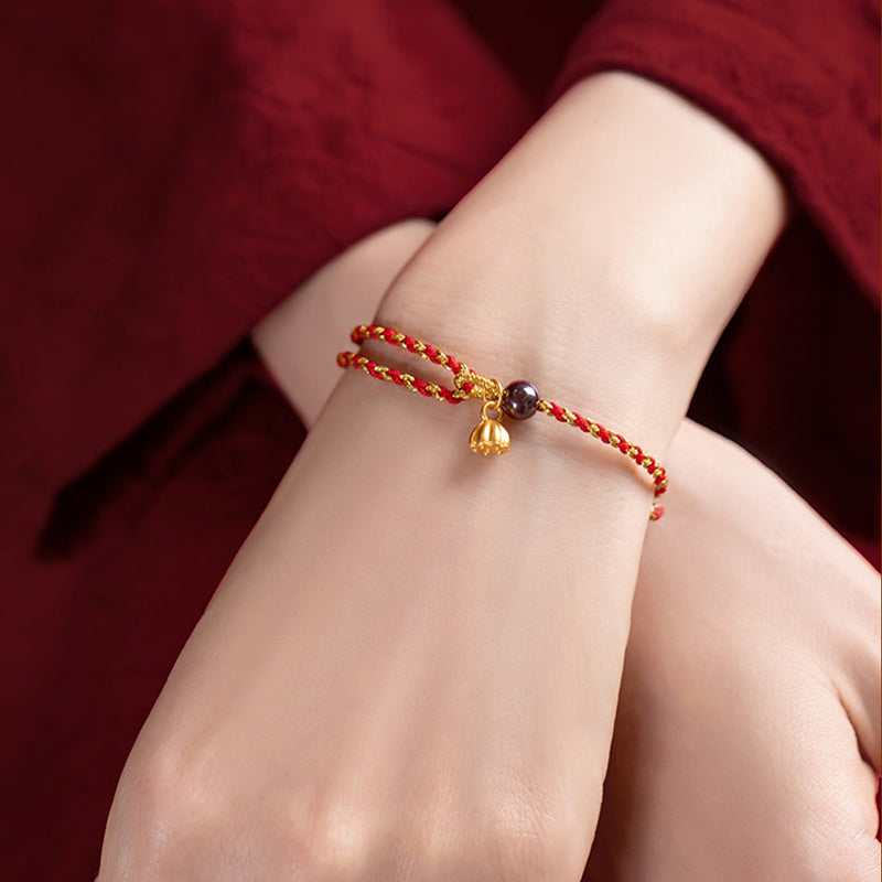Handcrafted Red Gold Rope Lotus Peace And Joy Charm Braid Bracelet