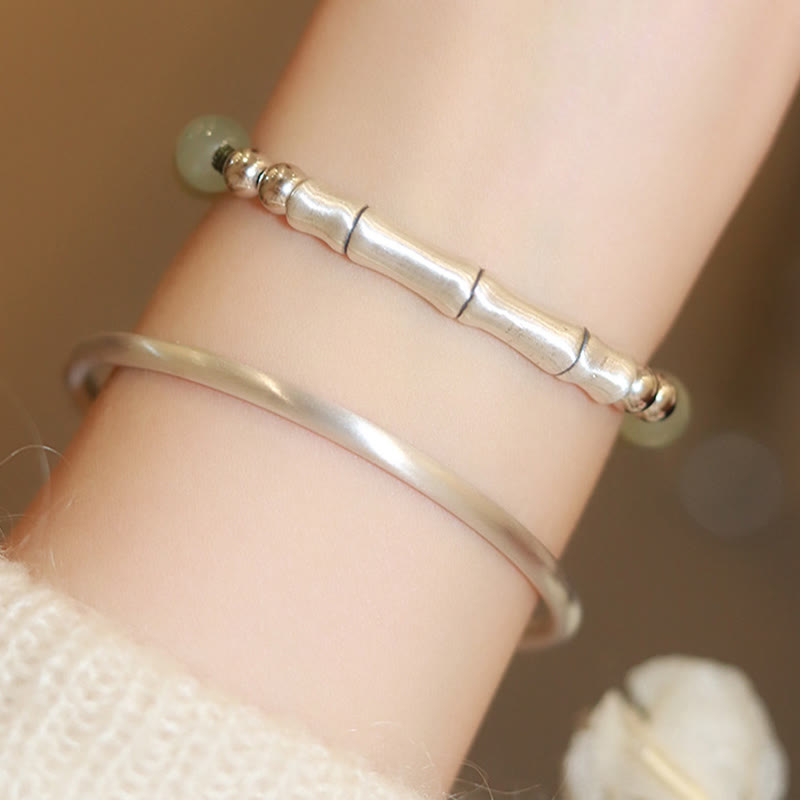 925 Sterling Silver Natural Hetian Jade Bamboo and Fu Character Resilience Bracelet
