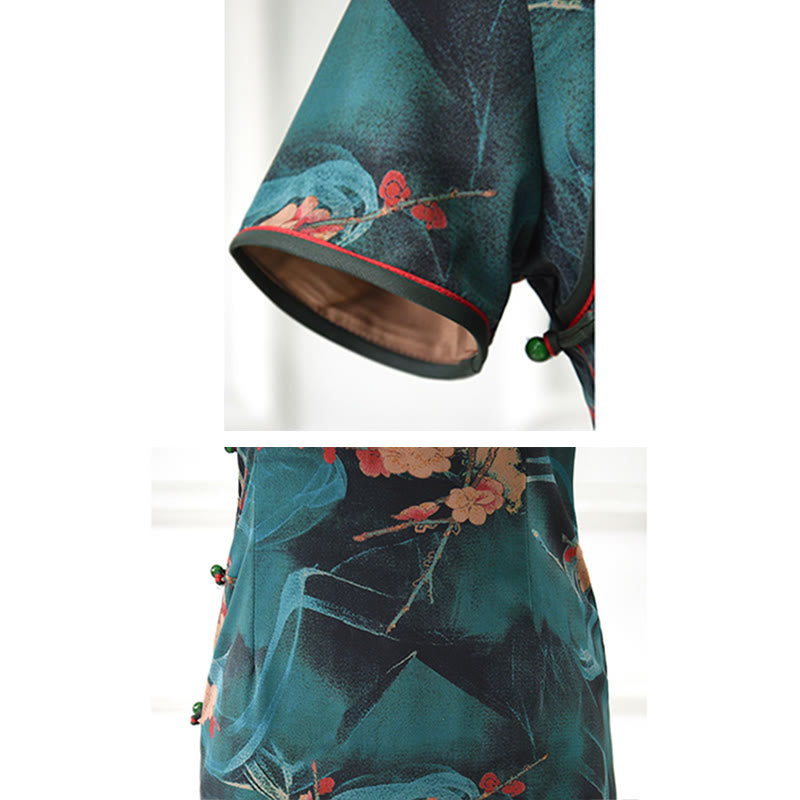 Vintage Pink Flowers Print Cheongsam Dress Women's Qipao Dress