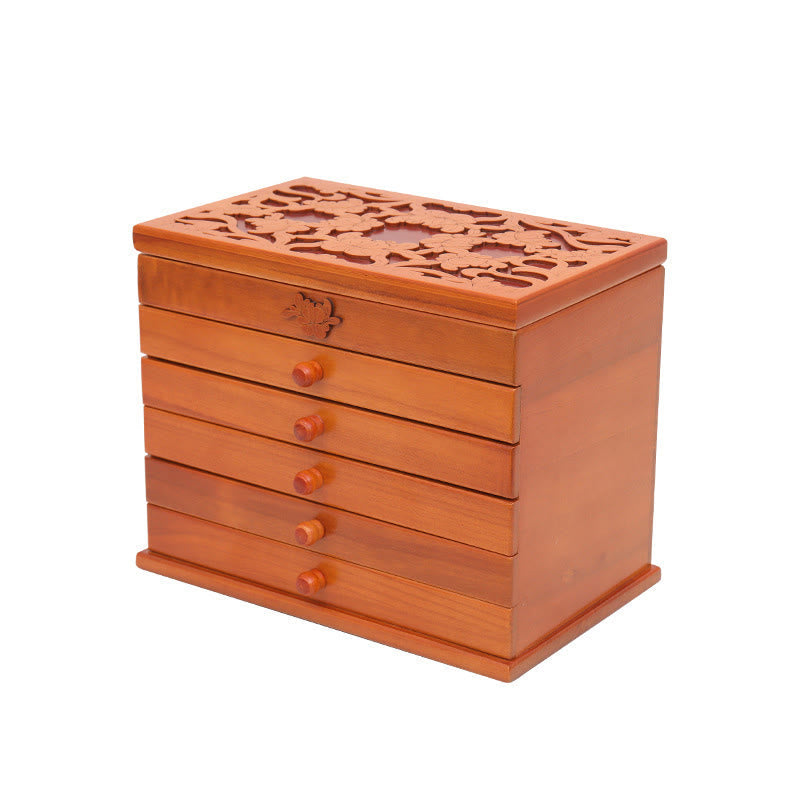Vintage Floral Carved Paulownia Wood Six-Layer Large Capacity Jewelry Box