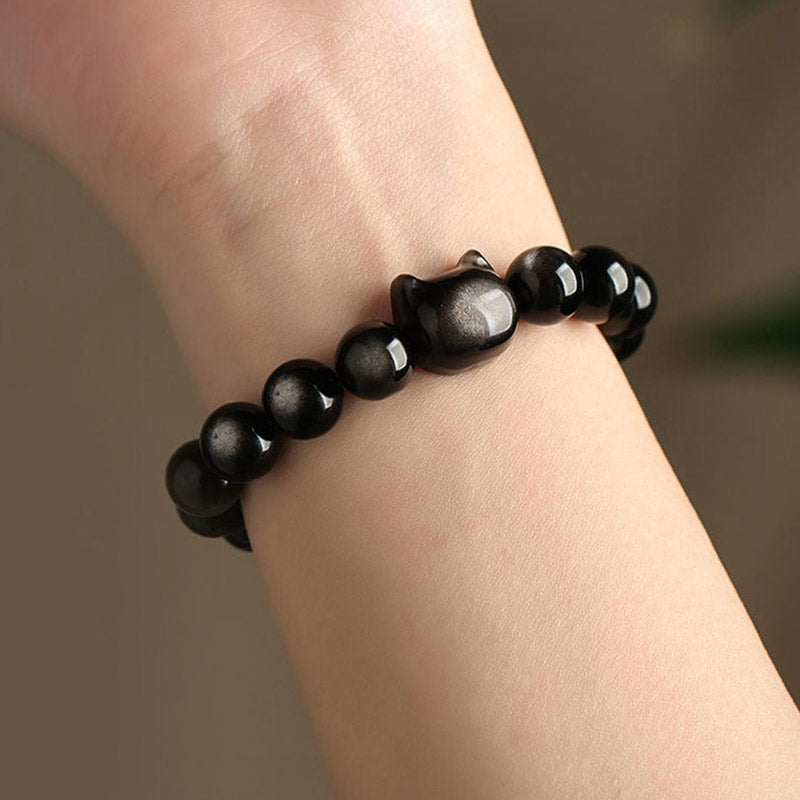 Handmade Gold & Silver Sheen Obsidian Feline Charm Beaded Bracelet