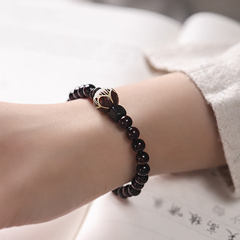 Carved Red Sandalwood and Lotus Bodhi Seed Double Wrap Bracelet