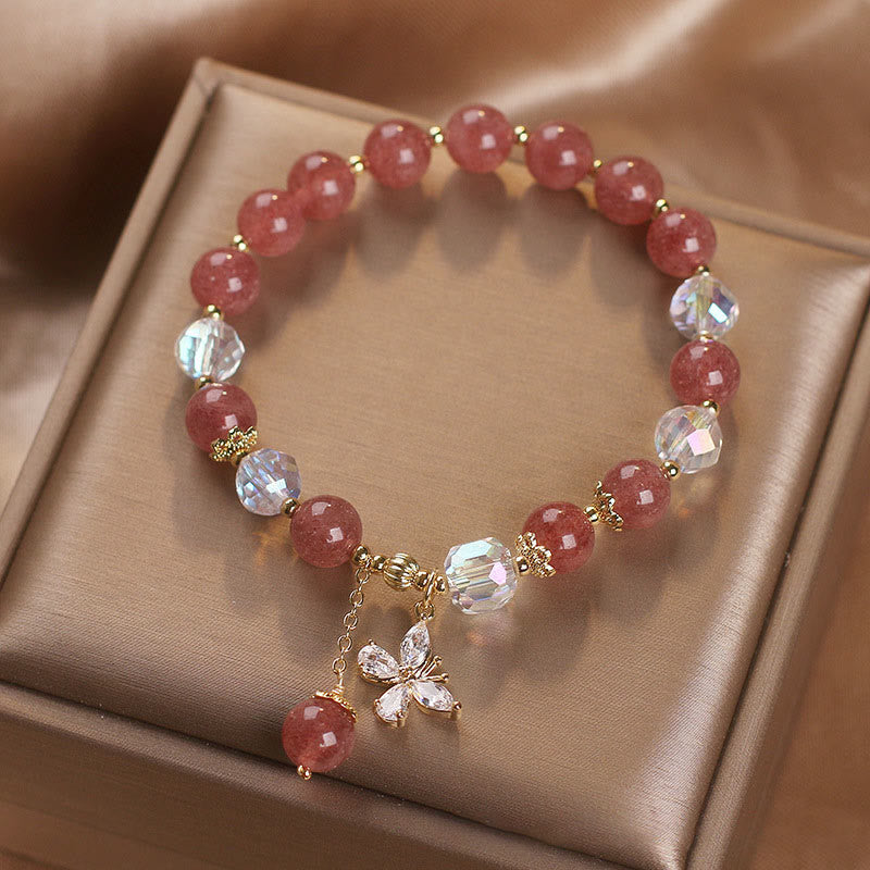 Natural Strawberry Quartz Love Healing Butterfly Charm Bracelet