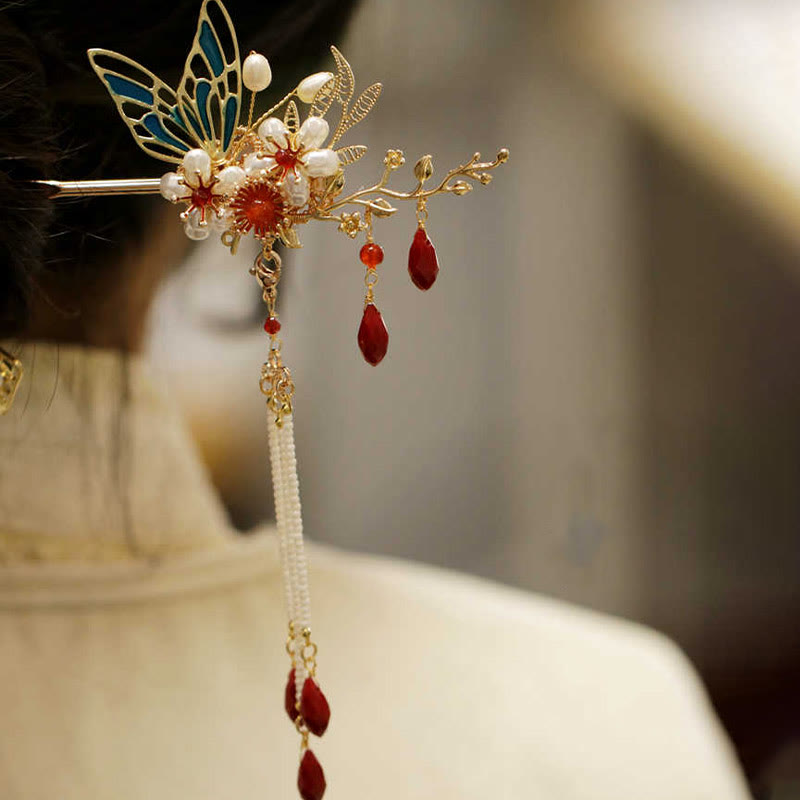 Classical Chinese Style Flower Branche Butterfly Pearl Tassel Hair Clip Hair Comb Hair Crown