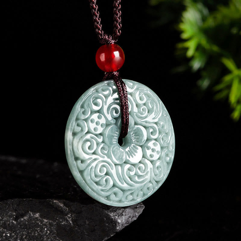 Green Jade Flower Carved Peace Buckle Abundance Necklace Pendant