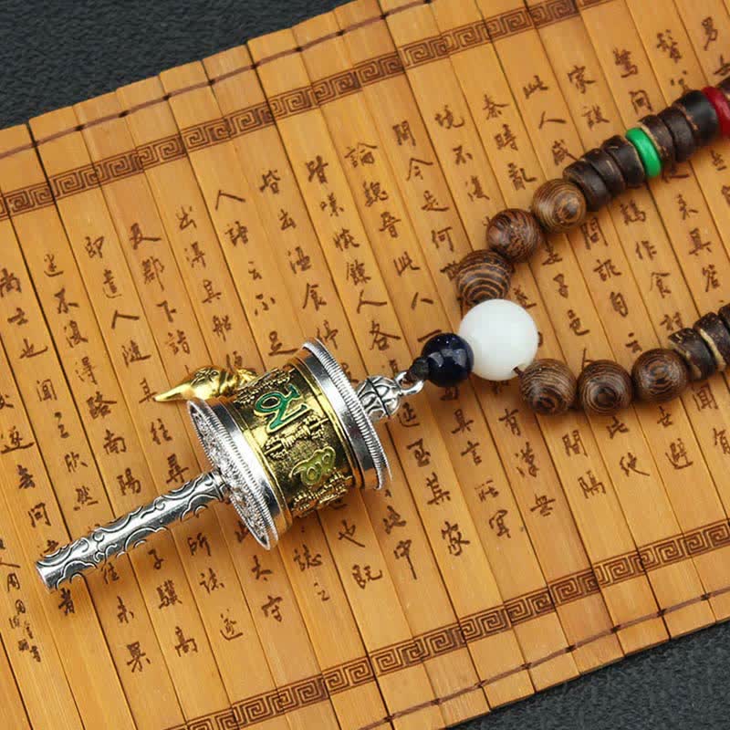 Tibetan Om Mani Padme Hum Prayer Wheel Rotation Vajra Wood Necklace Pendant