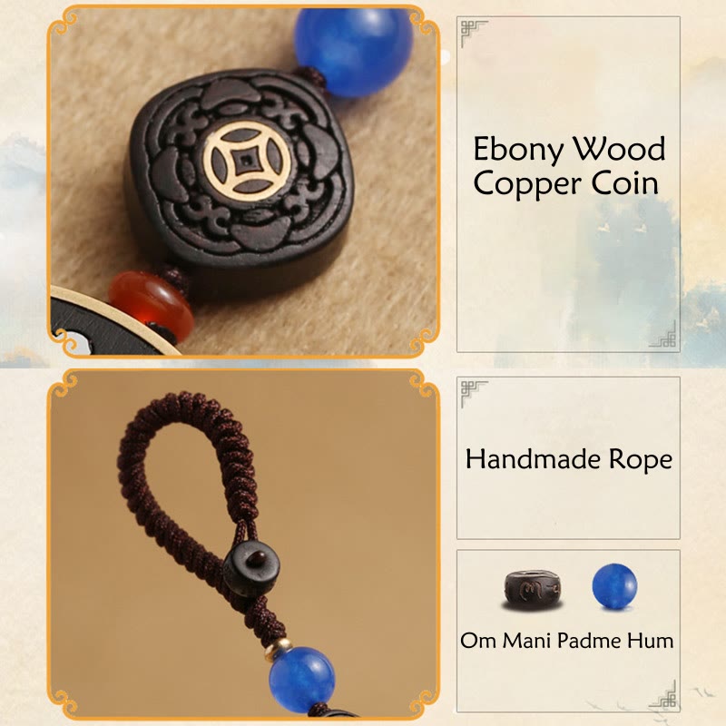 PiXiu Copper Coin Ebony Wood Luck Attract Wealth Key Chain Decoration