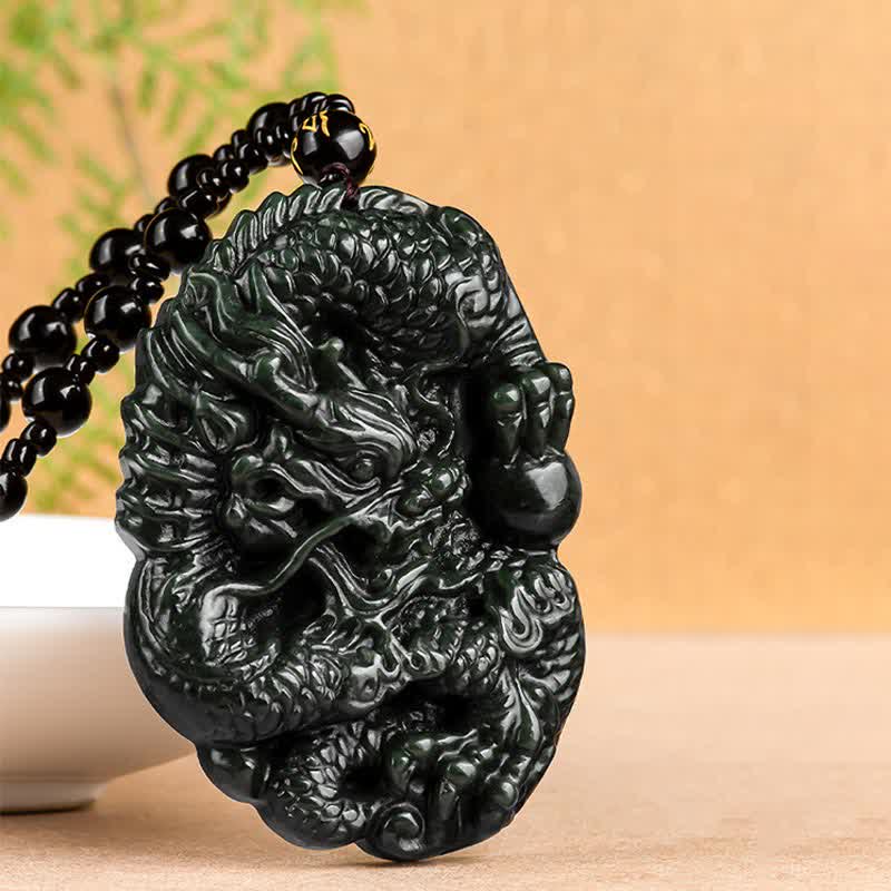 Hetian Cyan Jade Dragon Success Harmony Necklace Beaded String Pendant