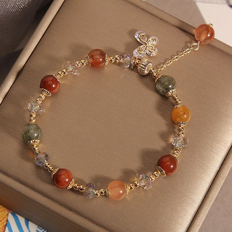 Natural Fu Lu Shou Rainbow Crystal Rutilated Quartz Wealth Butterfly Charm Bracelet