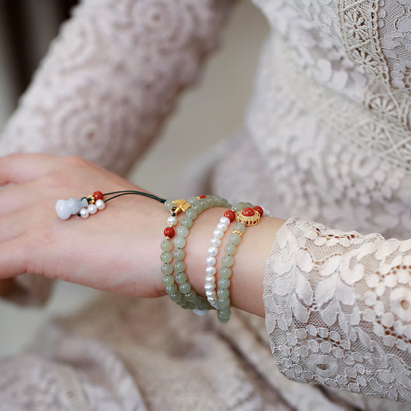 Gold Plated 925 Sterling Silver Hetian Jade Pearl & Red Agate Butterfly Bracelet