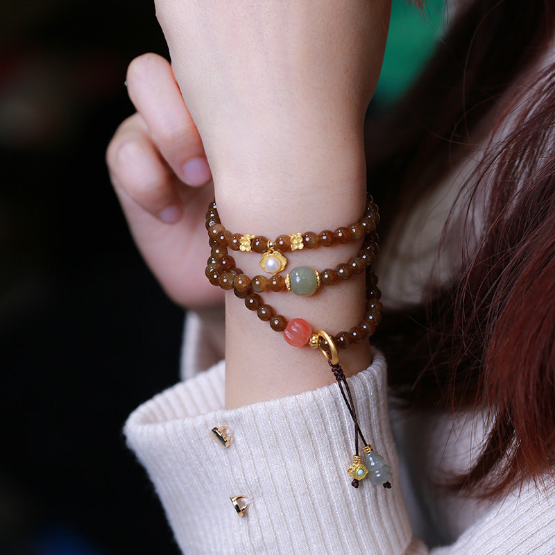 Natural Jade Pearl and Red Agate Butterfly Wu Lou Gourd Beaded Bracelet Necklace