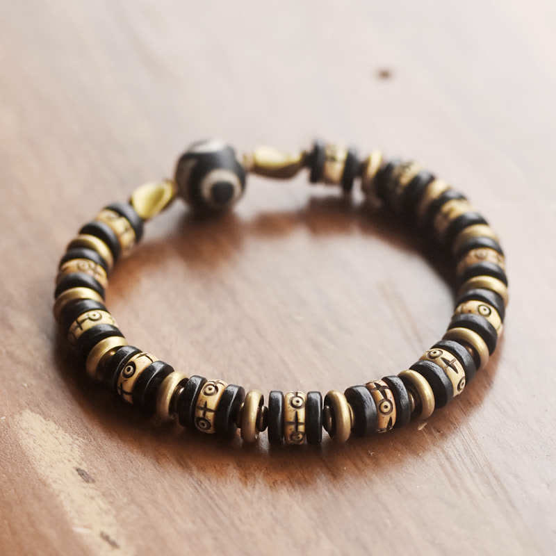 Ebony Wood & Dzi Bead Bracelet with Copper Accents for Grounding Strength